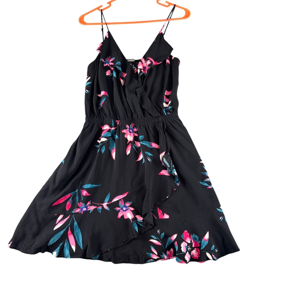 Express Floral Ruffle Mini Dress Black Pink Teal Surplice V-Neck Size M